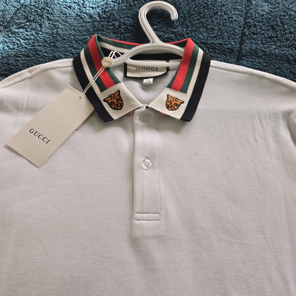 Gucci White Polo with Green-Red-Black Stripe Collar and Embroidered Tiger